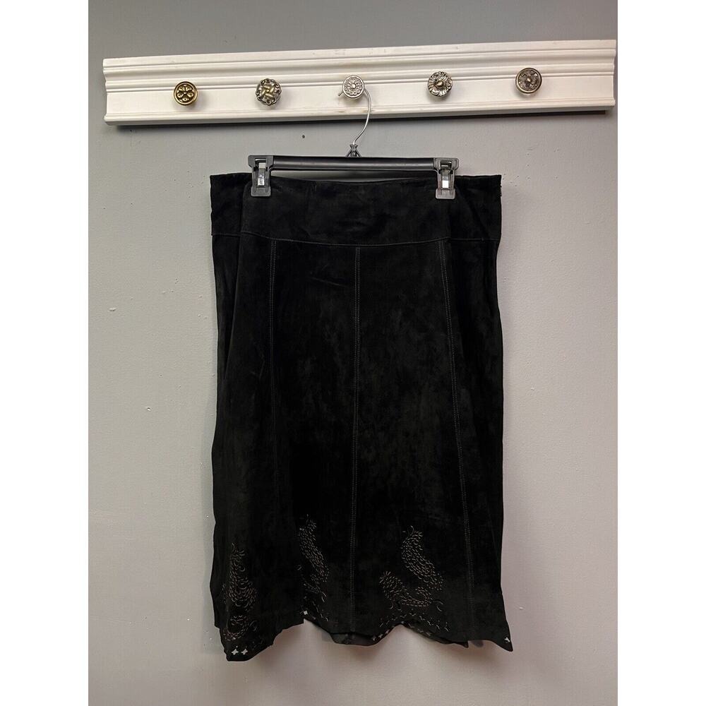 Bushwacker Skirt Womens 10 Black Suede Laser Cut Embroidered Scalloped Midi Boho